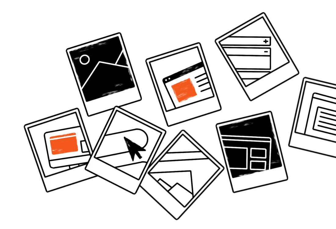 Illustrazione disegnata a mano di schermate di design di siti sparse come fotografie