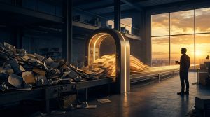 Cinematic scene of a conveyor of chaotic paperwork passing through a glowing archway and emerging as neat luminous documents at sunset, while a person with a coffee watches