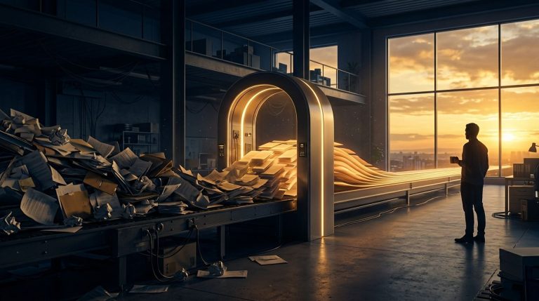 Cinematic scene of a conveyor of chaotic paperwork passing through a glowing archway and emerging as neat luminous documents at sunset, while a person with a coffee watches