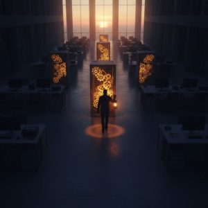 Cinematic scene of a silhouetted inspector with a lantern walking a dim office at sunset, the lantern light revealing glowing golden gears inside the machines