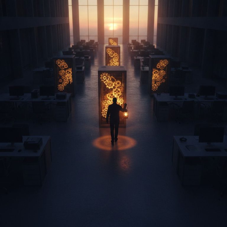Cinematic scene of a silhouetted inspector with a lantern walking a dim office at sunset, the lantern light revealing glowing golden gears inside the machines
