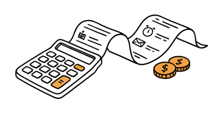 Hand-drawn calculator printing a receipt of task icons with orange coins beside it