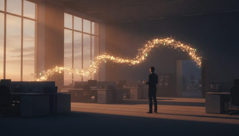 A lone business owner watches a glowing stream of receipts drift through a dim office and out the door at sunset
